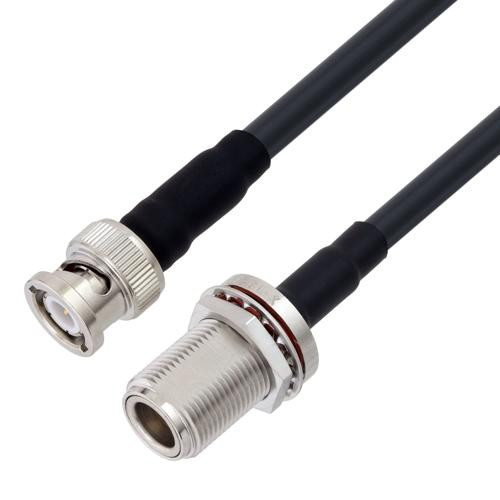 Low Loss BNC Male to N Female Bulkhead Cable Assembly using LMR-240-UF Coax, 1 FT With Times Microwave Components with HeatShrink
