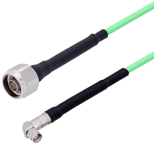 Low Loss N Male to SMA Male Right Angle Cable Assembly with Heavy Duty Heat Shrink Boot using LL142 Coax, 3 FT