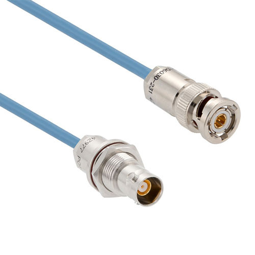 1553 TRB 3-Slot Plug to TRB 3-Lug Jack Bulkhead Cable Assembly using 30-02003-LC Coax, 1 FT , LF Solder