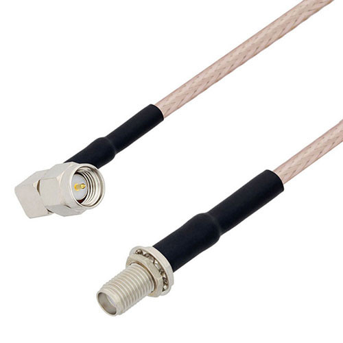 SMA Male Right Angle to SMA Female Bulkhead Cable Assembly using RG316-DS Coax, 0.5 FT with HeatShrink, LF Solder
