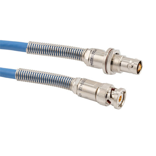 1553 TRB 3-Slot Plug to TRB 3-Lug Jack Bulkhead Cable Assembly using 30-02001-LC Coax, 2 FT with Bend Relief , LF Solder