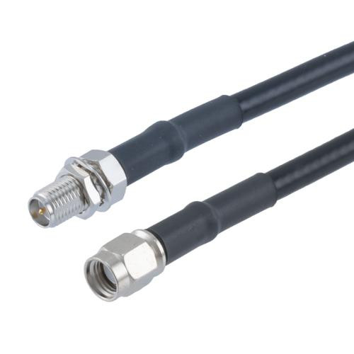 Low Loss Reverse Polarity SMA Plug to Reverse Polarity SMA Jack Bulkhead Cable Assembly using CA-195R Coax, 12 FT