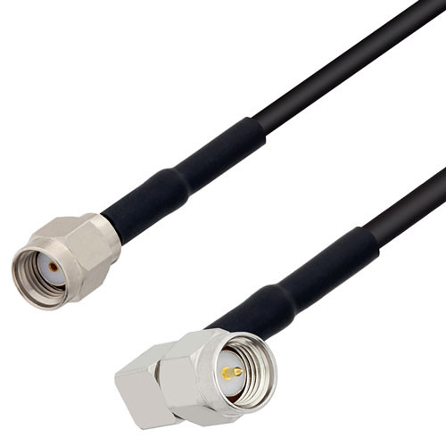 Low Loss SMA Male Right Angle to Reverse Polarity SMA Plug Cable Assembly using 100 Series Coax, 1.5 FT