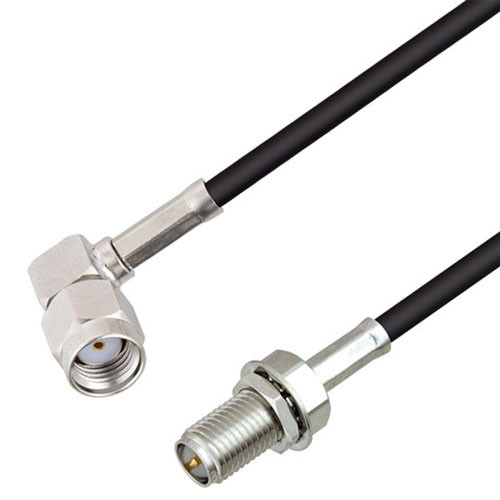 Reverse Polarity SMA Plug Right Angle to Reverse Polarity SMA Jack Bulkhead Cable Assembly using RG174 Coax, 4 FT with HeatShrink, LF Solder