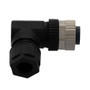 M12 Sensor 5 Pin B-Code Right Angle Female Field Termination Connector, IP67, Fits 18-26AWG and 4-7mm Cable, 60V, 4A, Screw-In Style, Black
