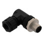 M12 Sensor 5 Pin B-Code Right Angle Male Field Termination Connector, IP67, Fits 18-26AWG and 4-7mm Cable, 60V, 4A, Screw-In Style, Black