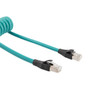 Category 5e Ethernet Coil Cord, RJ45-RJ45 90D Tangents, F/UTP Foil Shielded 26AWG High Flex Industrial Zero Halogen TPU Teal, 2 to 12F