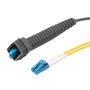 Fiber Optic Outdoor patch cable, Duplex SMF(G.652.D), NSN flexible boot LC/UPC to dual clipped LC/UPC with 4.8mm LSZH jacket, 5M