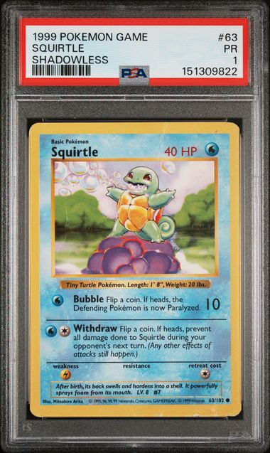 SQUIRTLE Base Set (Shadowless) #63 PSA 1