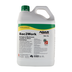 BAC2WORK BIOLOGICAL WASHROOM CLEANER & ODOUR NEUTRALISER 5L EACH AGAR BAC2WORK BIOLOGICAL WASHROOM CLEANER & ODOUR NEUTRALISER 5L EACH AGAR