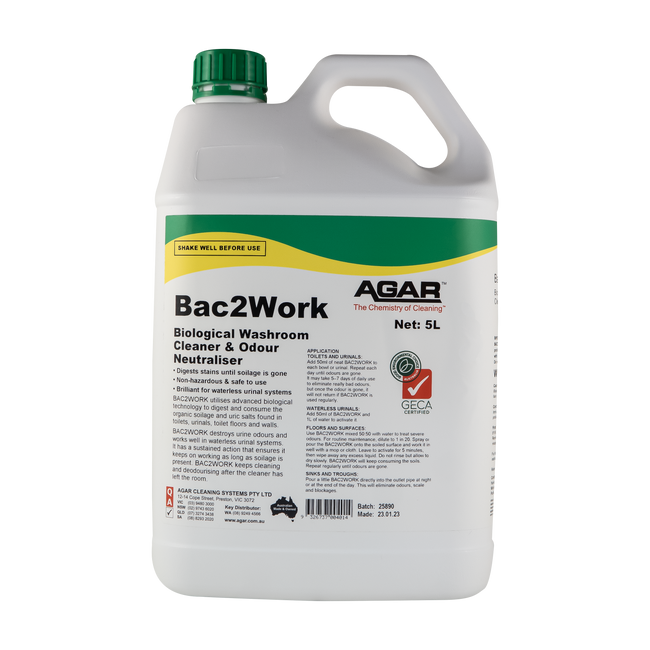 BAC2WORK BIOLOGICAL WASHROOM CLEANER & ODOUR NEUTRALISER 5L EACH AGAR