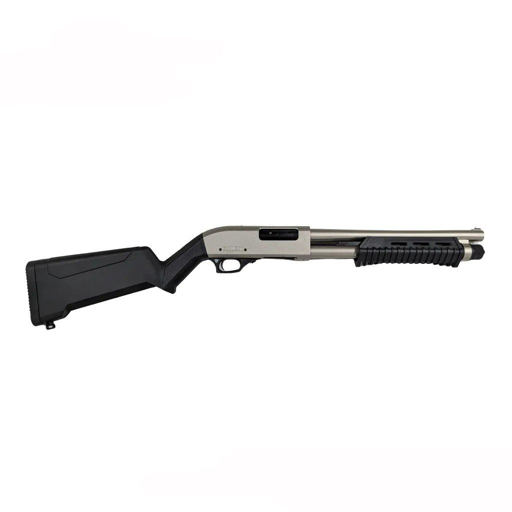 Canuck Defender Marine, Nickel/Black 12 Ga, Pump Action, 14″ Barrel