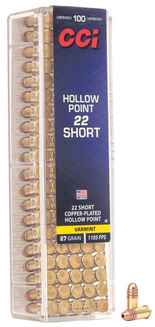 CCI Short Hollow Point, 22 Short, 27 Grain, Copper Plated Hollow Point, 1105 fps
