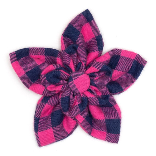 Pink and Navy Buffalo Check Dog Collar Flower