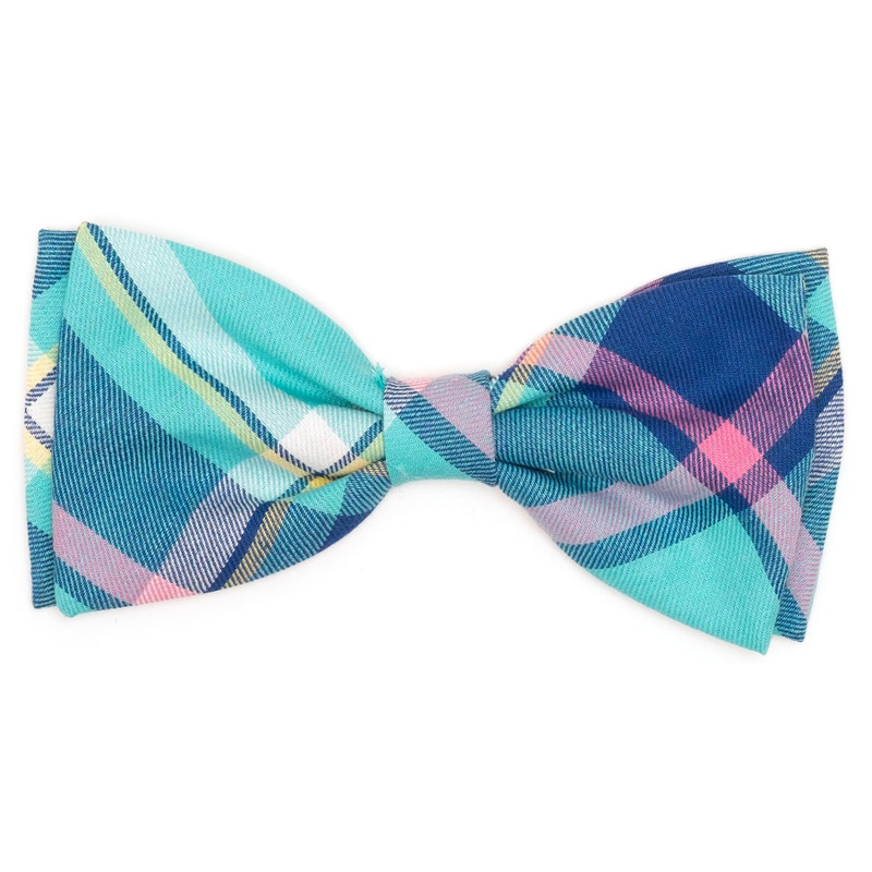 Aqua Navy Madras Dog Bow Tie