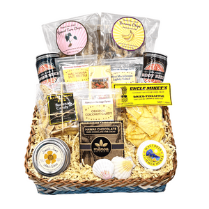 gluten free Hawaii gift with dried pineapple, macadamia nuts, coconut candy, maui coffee, macadamia nut brittle, taro chips, frosted banana chips with ube, manoa chocolate, maui raw honey, lilikoi butter, ginger beer and root beer gluten free Hawaii gift with dried pineapple, macadamia nuts, coconut candy, maui coffee, macadamia nut brittle, taro chips, frosted banana chips with ube, manoa chocolate, maui raw honey, lilikoi butter, ginger beer and root beer
