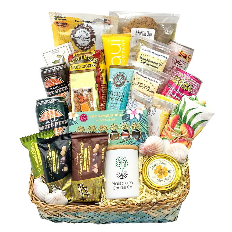 gift basket featuring popular gifts from hawaii, such as hawaiian host chocolates, organic soy wax candle by haleakala candle co, a hawaii souvenir dish towel, hawaiian beef jerky, maui vera, maui soap company, maui coffee roasters, maui macadamia nuts, maui taro chips