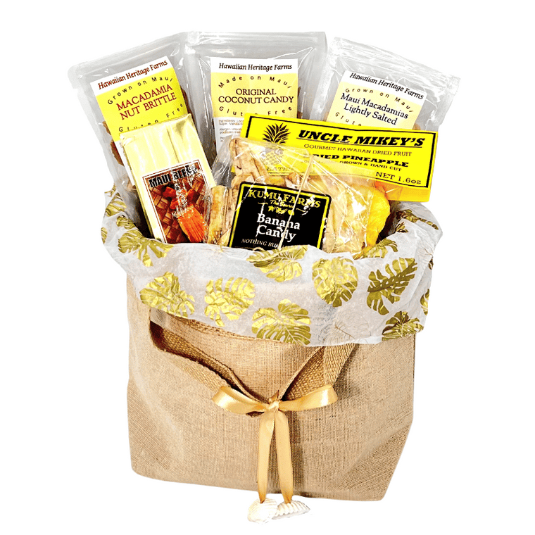 gluten free, vegan Hawaii gift with dried pineapple, macadamia nuts, coconut candy, maui coffee, macadamia nut brittle