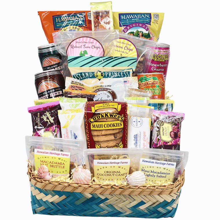 maui gift basket with cookkwees, coconut candy, macadamia nuts, hawaiian host chocolates, macadamia nut brittle, dried pineapple, taro chips, banana chips, anahola granola bars, maui brewing root beer, maui brewing ginger beer