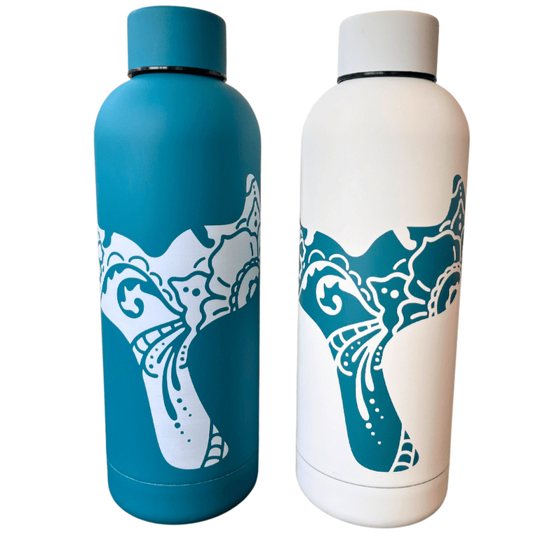 two flasks with whale tail images