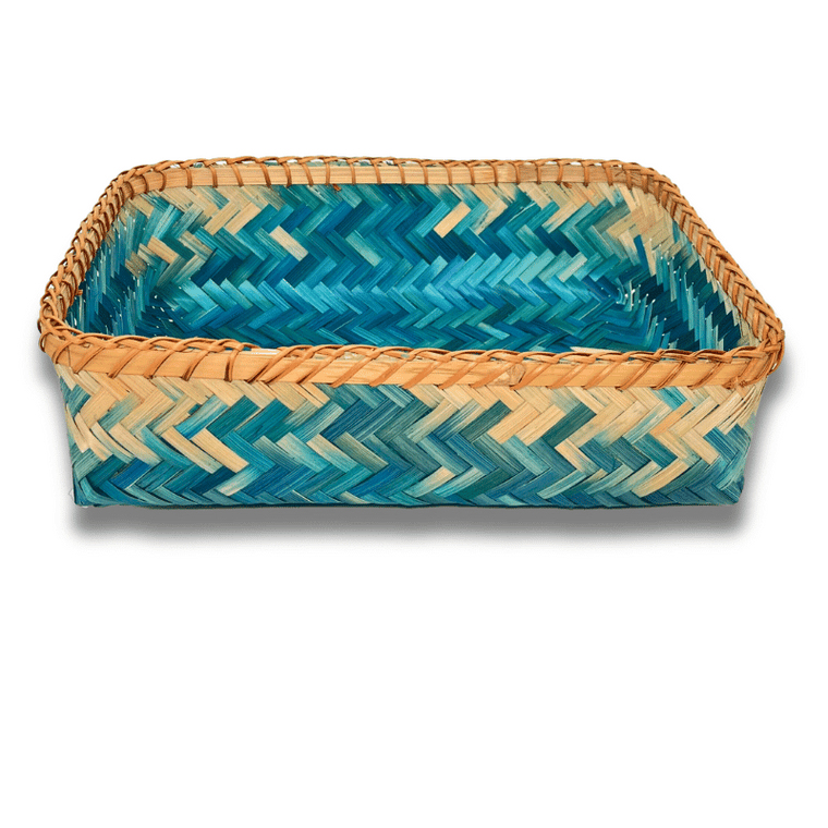 handwoven bamboo basket blue and natural colors 15 inches