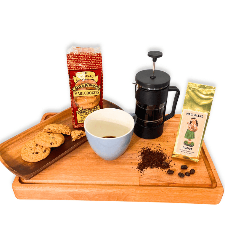 tray with cookies, bag of coffee, french press container and coffee mug