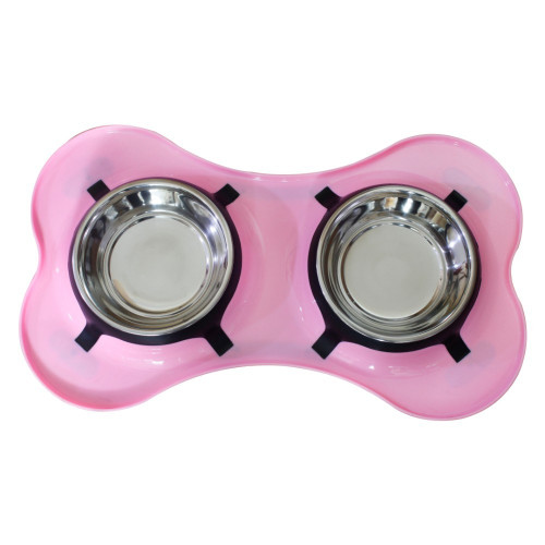 Bone Shaped Plastic Pet Double Diner with Stainless Steel Bowls, Pink and Silver