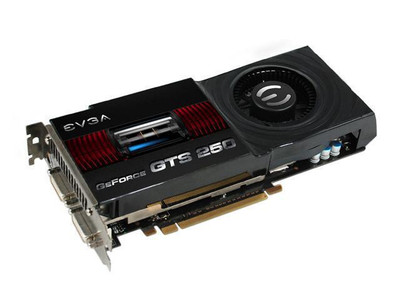 EVGA GeForce GTS 250 Superclocked Edition 1GB GDDR3 256-Bit PCI Express 2 Video Graphics Card mounted in a gaming PC