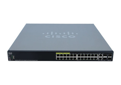 Cisco SG550X-24MPP 24-port PoE+ switch with 740W power budget, 4 10GbE ports, for network infrastructure.
