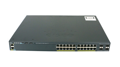 Cisco Catalyst 2960-X 24 Gige Poe 370W 2 X 10G Sfp+ Lan Base WS-C2960X-24PD-L-RF switch mounted in a network rack