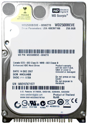 Western Digital Scorpio Blue 250GB 5400RPM 2.5 Internal Hard Drive for ATA-100 with 8MB Cache - Compatible with laptops