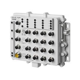 Cisco IE2000 IP67 with 16 FE M12 ports (8 PoE+) and 2GE (LAN Base), rugged design for outdoor use.