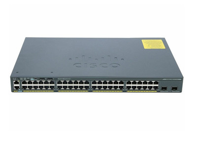 Cisco Catalyst 2960-X Series 48-Ports 10/100/1000Base-T Ethernet Switch WS-C2960X-48TD-L, mounted in a network rack