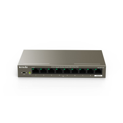 Tenda 9-Port Gigabit Desktop Switch with 8-Port PoE, ideal for powering IP cameras and VoIP phones