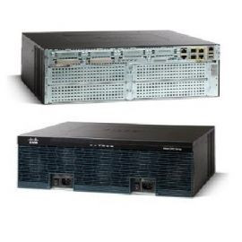Cisco 3945 Voice Bundle with PVDM3-64 and UC License Pak, compatible with Cisco routers, mounted in a server rack.