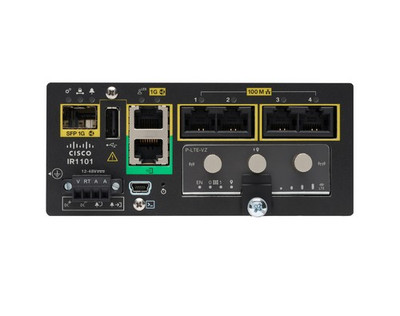 Cisco IR1101-A-K9 Ethernet WAN Gigabit Ethernet router with SIM card slot, black, compatible with network setups.