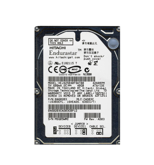 Hitachi Endurastar J4K50 40GB IDE Hard Drive 4260RPM 8MB Cache 2.5 - Compatible with ATA-6 - Server Storage