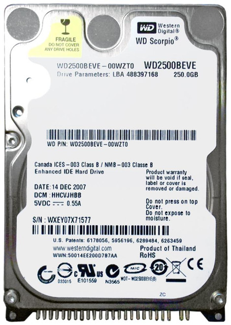 Western Digital Scorpio Blue 250GB 5400RPM 2.5 Internal Hard Drive for ATA-100 with 8MB Cache - Compatible with laptops