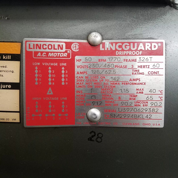 Lincoln Electric SM2994BKL42, 50HP, 1770 RPM, Frame: 326T Motor - USED