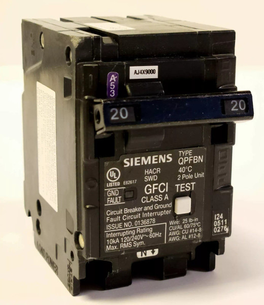 SIEMENS Q220GFN 2 Pole 20 AMP Type QPFBN GFCI Ground Fault Circuit Breaker PLUG