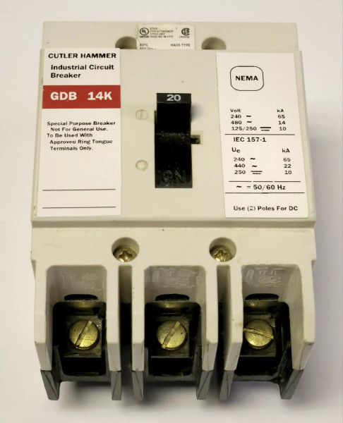 EATON CUTLER HAMMER GDB3020D 3 Pole 20 AMP Type GDB 14K Circuit Breaker
