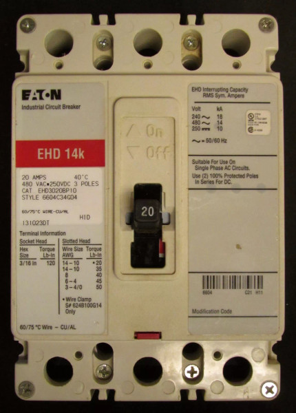 EATON CUTLER HAMMER Type EHD Circuit Breaker 3 Pole 20 Amp EHD3020 BP10