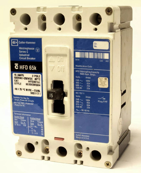 CUTLER HAMMER WESTINGHOUSE HFD3015L 3 Pole 15 AMP Type HFD Line Load Lugs