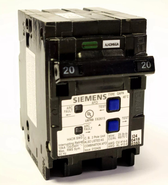 SIEMENS Q220AFCN 2 Pole 20 AMP Type QAFN AFCI ARC Fault Circuit Breaker PLUG ON