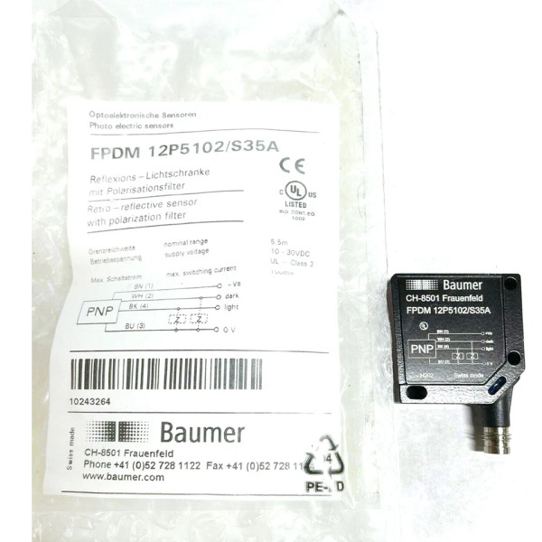 New In Box BAUMER FPDM 12P5102/S35A Retro-reflective Photoelectric Sensors