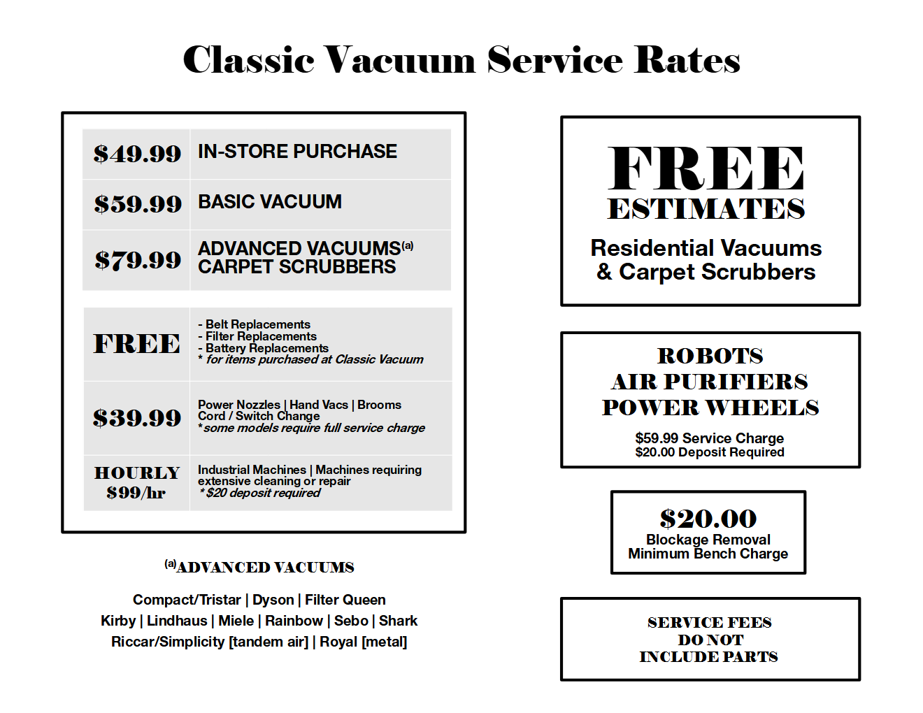 Repair rates for Classic Vacuum