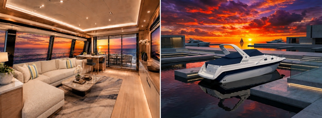 Luxury marine upholstery fabric and canvas topping inspiration shown with a yacht interior seating area and a canvas-covered boat at sunset, highlighting upscale marine fabric use for cushions, seating, and boat tops.