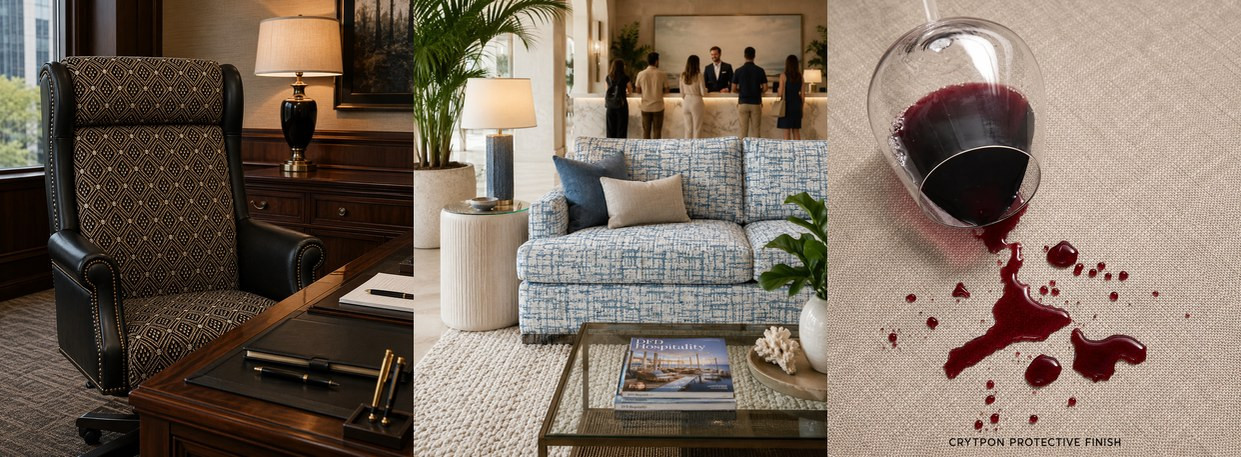 Commercial upholstery fabric shown on a high-back executive office chair and a hotel lobby sofa, alongside a red-wine spill demonstrating Crypton protective finish.