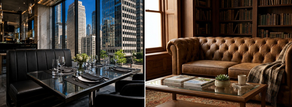 Split image showing black faux leather restaurant booth seating and a tufted brown faux leather sofa in a traditional library, illustrating commercial and residential upholstery applications.