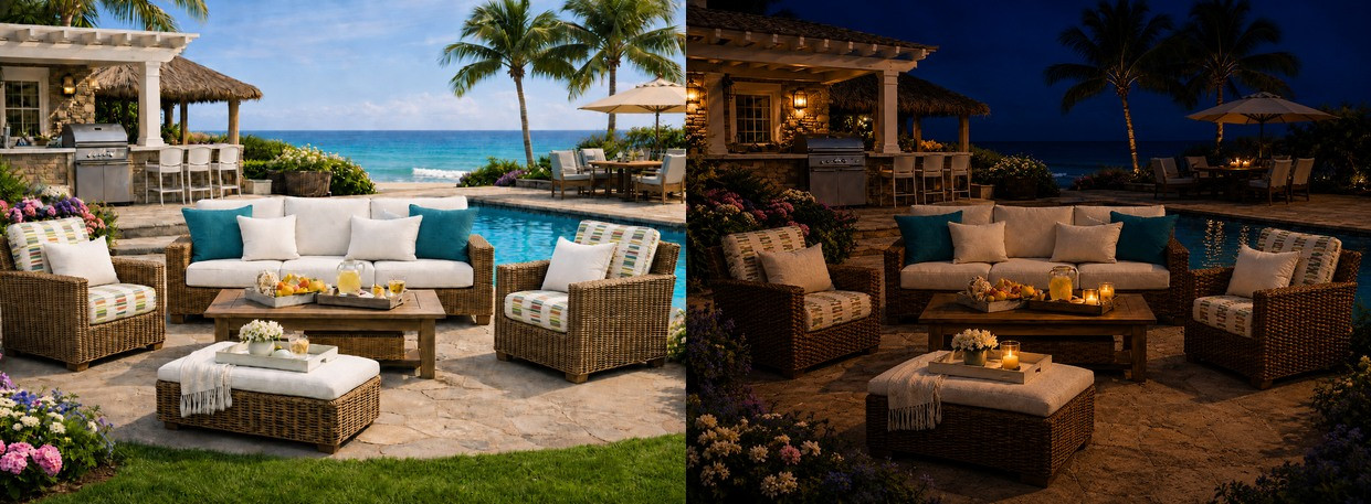 Day-and-night views of a tropical poolside patio featuring colorful striped and solid indoor/outdoor fabrics on coordinated rattan seating.